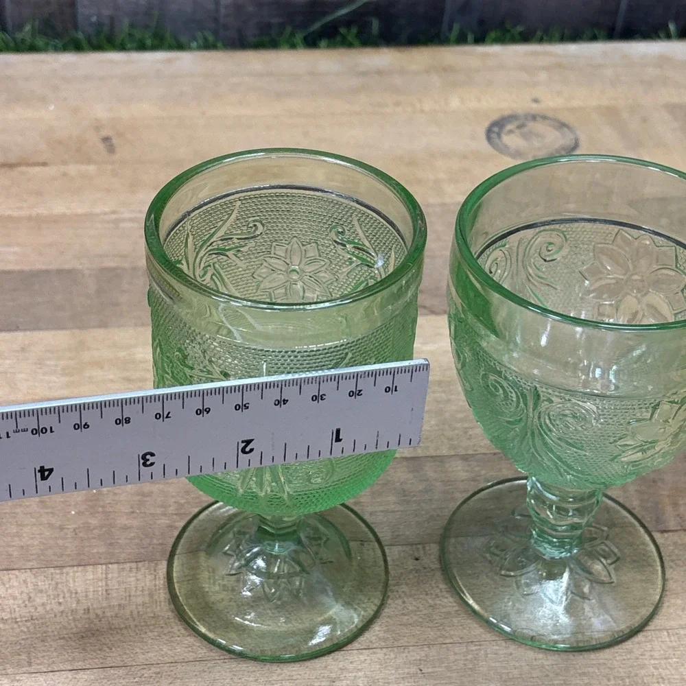Vintage Tiara Indiana Glass Green Goblets Set of 2 Floral Pressed Glass Mixed